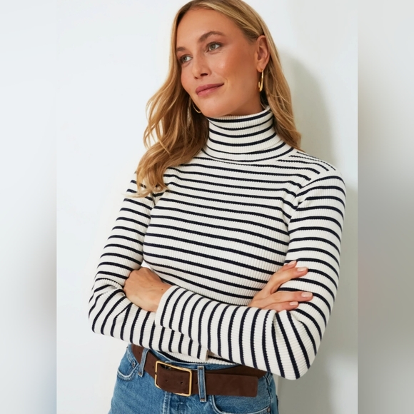 Divided Tops - Black and White Striped Jersey Knit Turtleneck Top size M